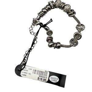 Silver Charm Bracelet With Rhinestone Accents & Adjustable Chain Closure